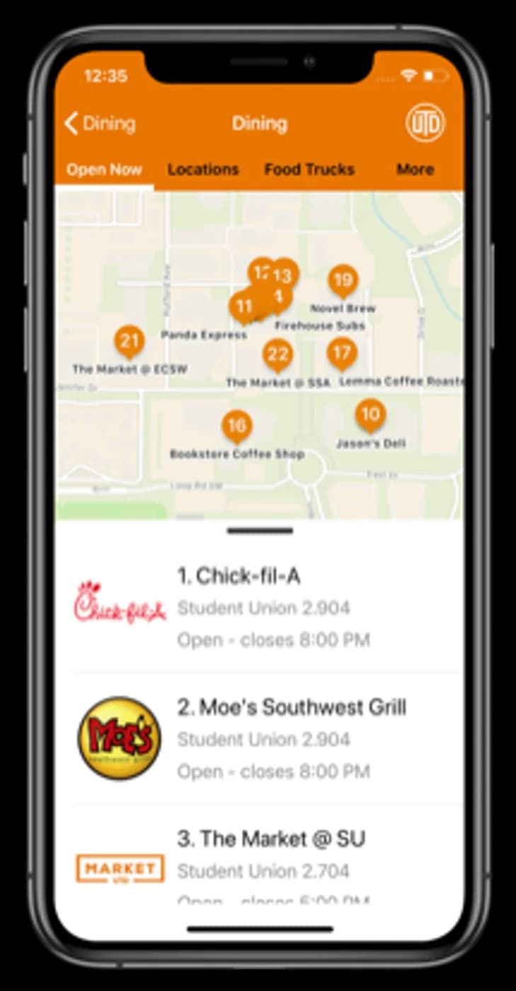 UT Dallas iOS app screen